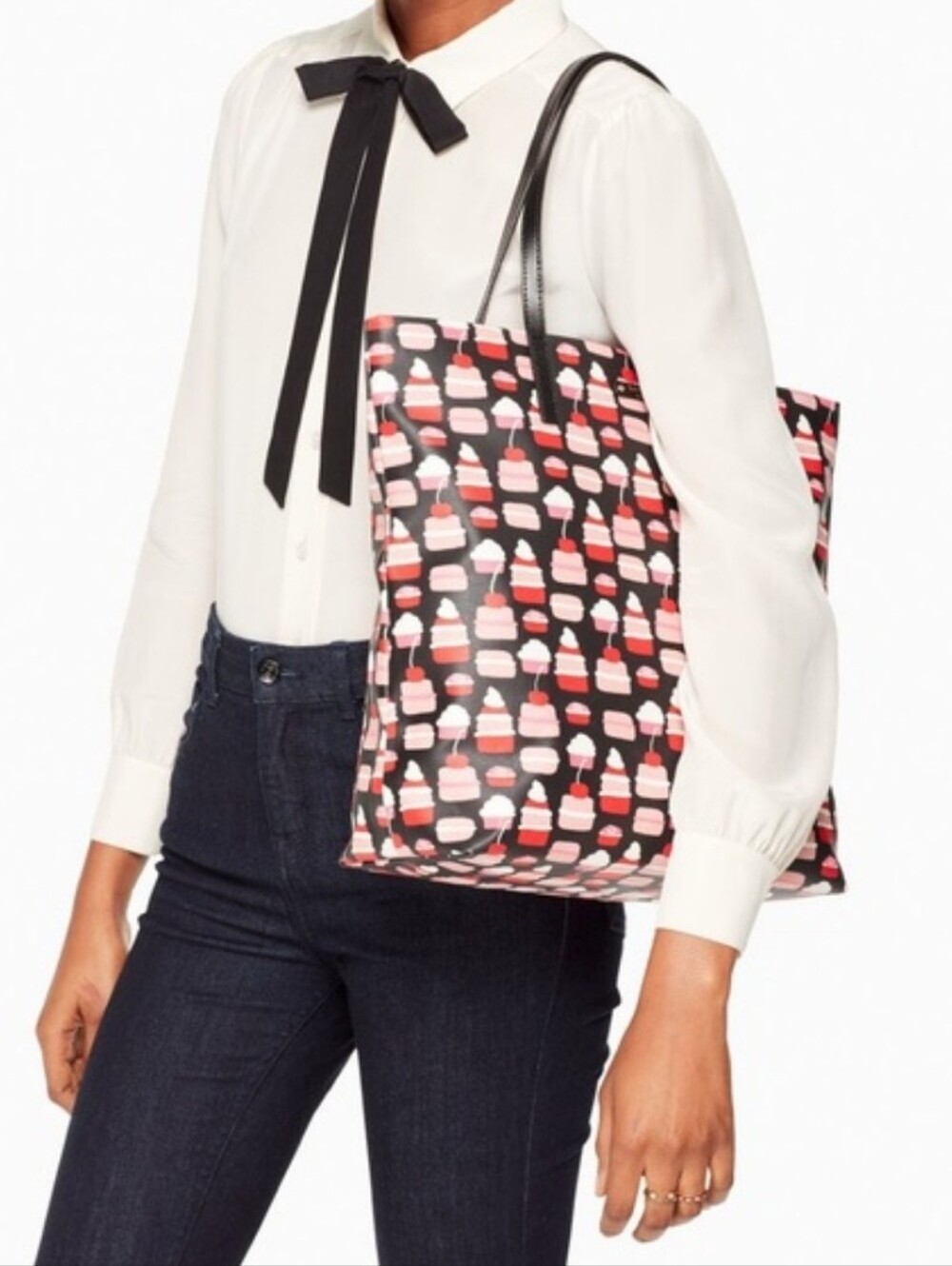 Kate Spade Black Tote Bag with Pink & Red Dessert Print - Picture 3 of 11
